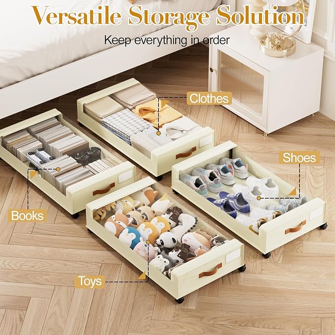 Yecaye Under Bed Storage with Wheels, 4 Pack Under the Bed Storage Containers with Lids & Label, XXL 60L Rolling Underbed Sto
