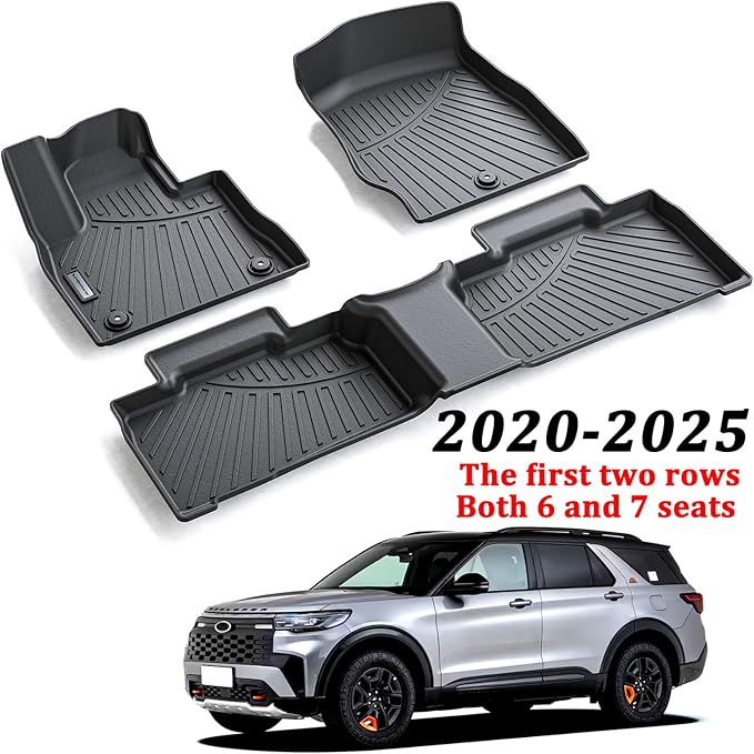 2 Rows Floor Mats for 2020-2024 2025 Ford Explorer 7 and 8 Passenger Models,TPE All Weather Protection Car Floor Liners Accessories | Front & Second Row, 3-Pc