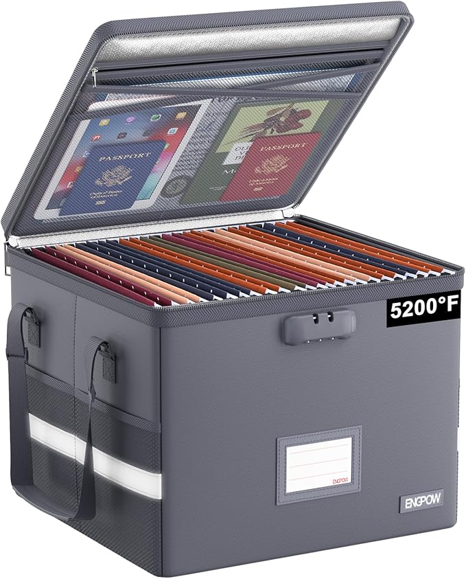 ENGPOW 5200°F File Box Fireproof Document Box with Lock,Heat Insulated Collapsible File Storage Organizer Box with Handle,Por