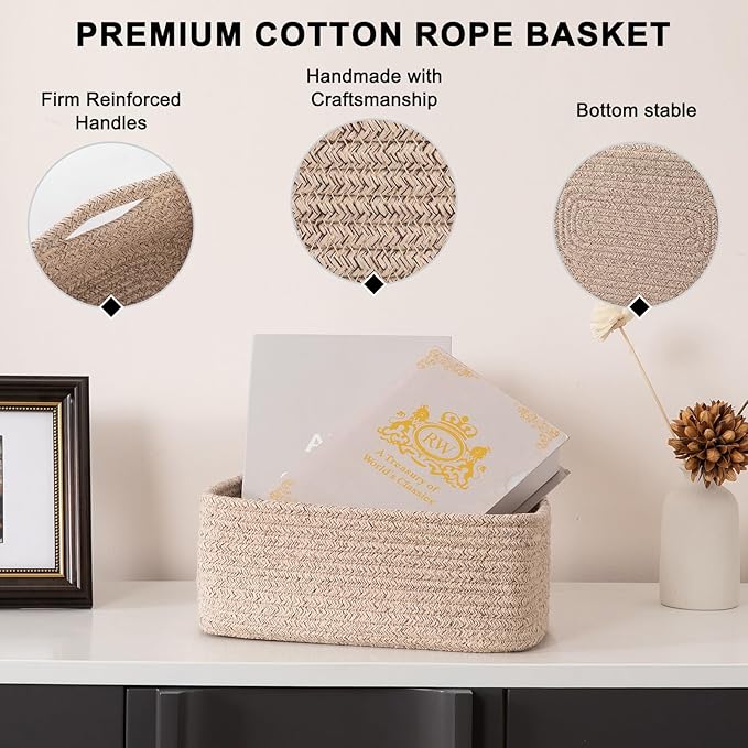 OIASKET 4 Pack Small Storage Shelf Baskets for Organizing, Mini Woven Rope Storage Bins for Towels, Cute Decorative Closet Or