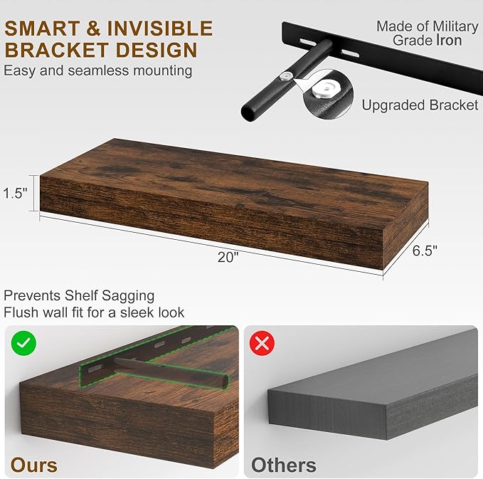 Fun Memories Floating Shelves for Wall, 20Inch Floating Shelves Set of 2, Hanging Shelf with Invisible Brackets, Wood Shelves