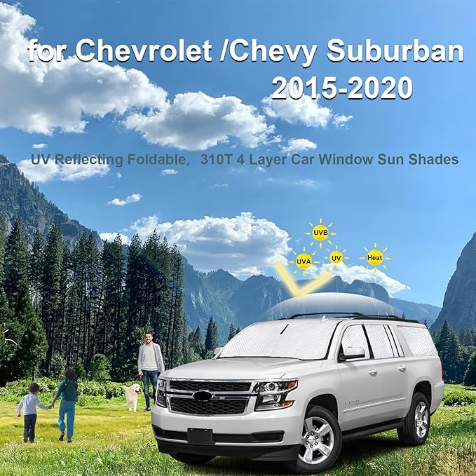 KMF 7pcs Thicken Sun Shades for Chevy Suburban 2015-2020 Accessories, Chevrolet Car Window Covers Sunshade for Windshield Side Rear, UV Block and Blackout Privacy for Camping Outdoor