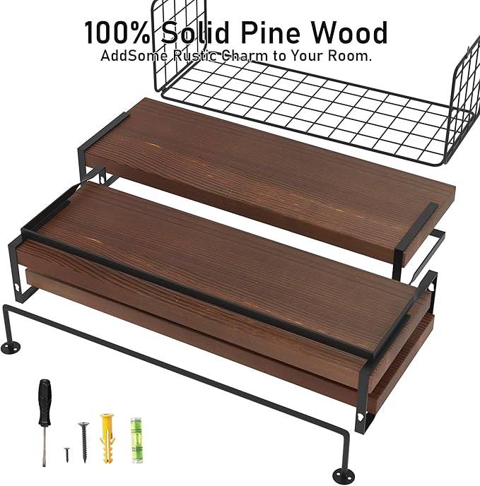 Bathroom Floating Shelves Wall Mounted - 3+1 Tier Rustic Wooden Bathroom Wall Shelves Over Toilet with Wire Storage Basket&To