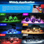4 Pods Alloy RGB LED Rock Lights for ATV UTV RZR SUV SXS Golf Cart Trucks Car, Metal Waterproof Multicolor Underglow Kit with APP/RF Dual Remote Control Music Sync Brake Light, Neon Underbody 12V