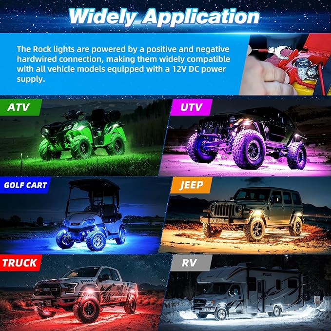 4 Pods Alloy RGB LED Rock Lights for ATV UTV RZR SUV SXS Golf Cart Trucks Car, Metal Waterproof Multicolor Underglow Kit with APP/RF Dual Remote Control Music Sync Brake Light, Neon Underbody 12V