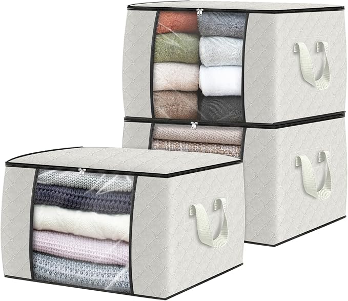 Fab totes 3 Pack Clothes Storage, Foldable Thick Fabric Blanket Storage Bags, Containers for Organizing Bedroom, Closet, Clot