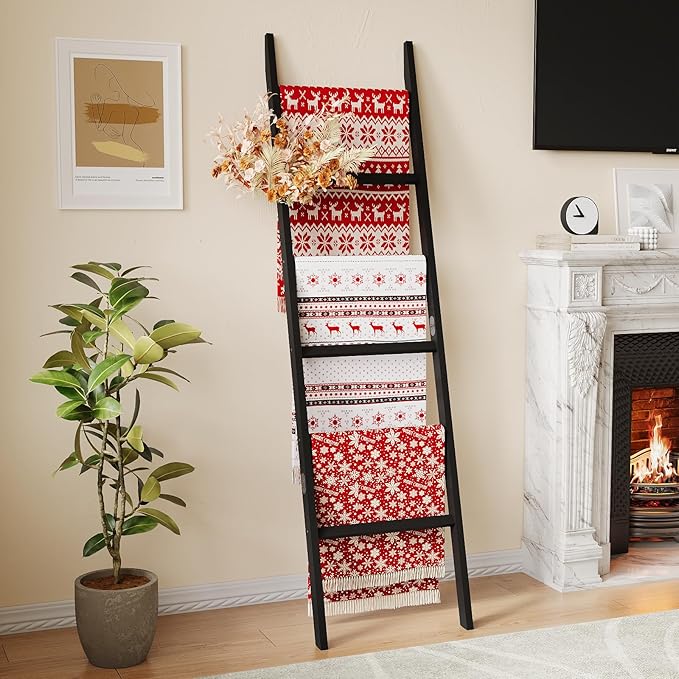 Bamboo Towel Rack 6-Tier Blanket Ladder for Living Room, Bedroom, Bathroom Space-Saving Decorative Ladder for Quilts, Towels 