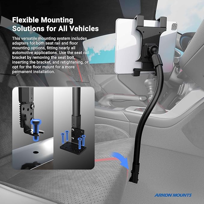 ARKON Mounts - Car Tablet Mount with 22-inch Arm and Seat Rail Attachment | Gooseneck Tablet Holder | Aluminum Construction | Ideal for Cars and Trucks