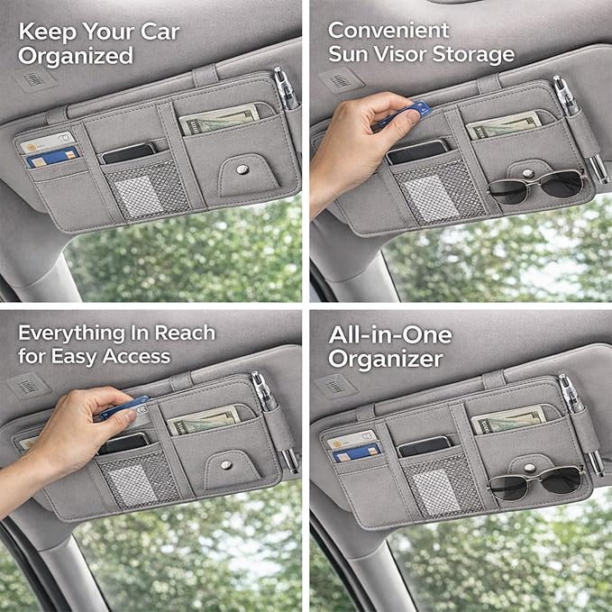 Car Sun Visor Multi-Pocket Organizer — Gray (Universal Car/SUV/Truck Storage Pouch)