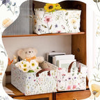 Boao 3 Pcs Wildflowers Storage Bin Wildflowers Collapsible Large Storage Baskets for Gifts Canvas Laundry Basket Foldable Box