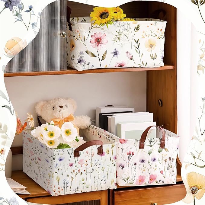 Boao 3 Pcs Wildflowers Storage Bin Wildflowers Collapsible Large Storage Baskets for Gifts Canvas Laundry Basket Foldable Box