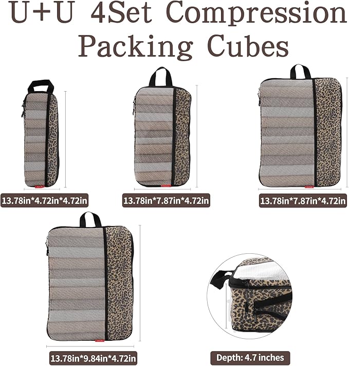 U+U 4 Set Compression Packing Cubes - Ultralight Travel Organizers, Space-Saving Suitcase Organizer, Expandable Packing Cubes