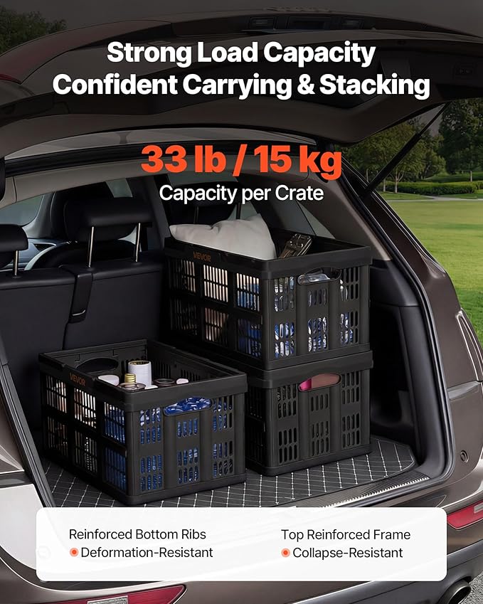 VEVOR Plastic Collapsible Storage Bins, 45L 3 Packs, Stackable Folding Storage Crates with Handles, Holds 33 lbs Per Bin, Fol