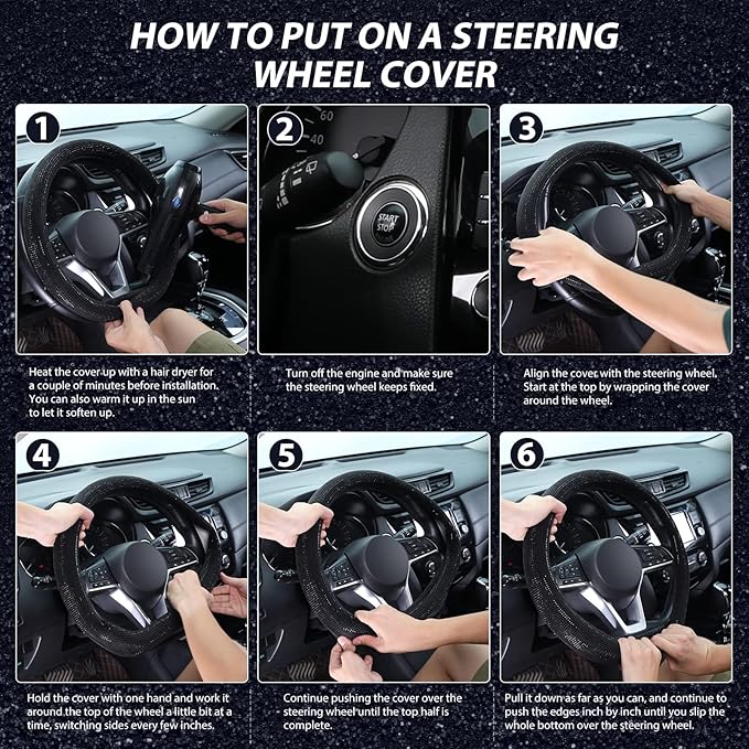 SEG Direct Diamond Flat Bottom Steering Wheel Cover, D Shaped Car Wheel Cover 14 1/2-15 in. (37-39 cm), Bling Sparkly Rhinest