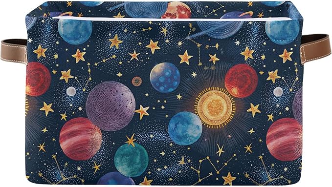 xigua Cartoon Planets Storage Basket Collapsible Storage Bins Waterproof Canvas Storage Basket with Leather Handles for Home 