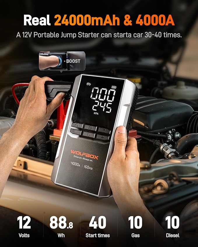 WOLFBOX 4000A Jump Starter with 160PSI Air Compressor, 12V Car Battery Booster, 65W Fast Charge, 88.8Wh Portable Tire