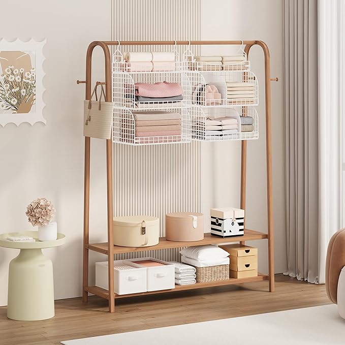 SWTYMIKI Hanging Closet Organizer Storage - 3 Tier Metal Stackable Hanging Closet Shelves with Dividers and S Hooks, Foldable