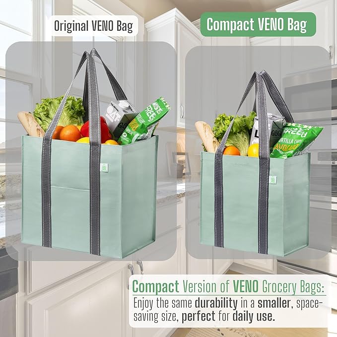 VENO 2-4 Pack Reusable Grocery shopping Bags, Medium Tote Bag w/Handle Hard Bottom, Heavy Duty, Foldable Carrier