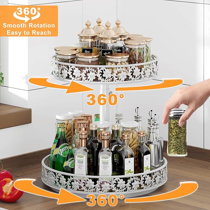Two Tier Lazy Susan Metal, 2 Tier Wood Lazy Susan 12 Inch, Rotating Spice Rack Organizer for Cabinet Dining Table Top Kitchen