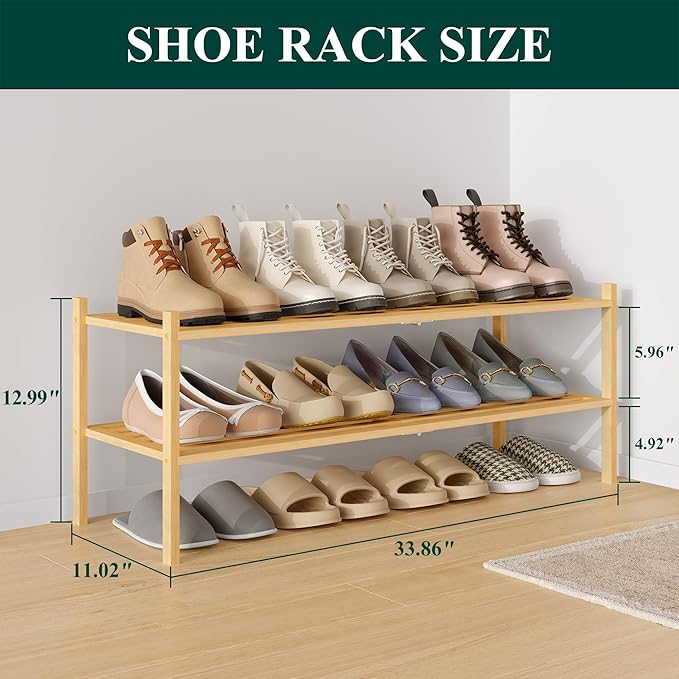 Smiry Long Bamboo Shoe Rack 2-Tier, Stackable Wooden Shoe Organizer for Entryway & Closet, Free Standing Wood Shoe Storage Sh
