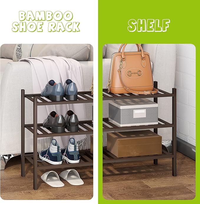 BMOSU 3-Tier Bamboo Shoe Rack Premium Stackable Shoe Shelf Storage Organizer for Hallway Closet Living Room Entryway Organize