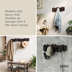 Umbra Sticks Wall-Mounted Coat Rack Rail Hook with 5 Retractable Pegs – Modern, Space-Saving Storage Organizer, Espresso