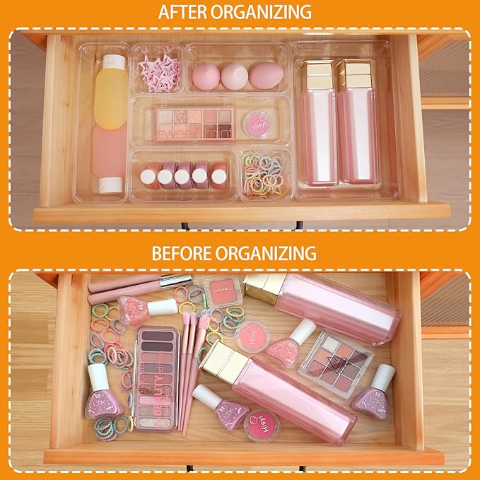 Clear Acrylic Drawer Organizers Set Storage for Makeup, Office Desk Small Vanity Trays for Drawer Bathroom Plastic Make up Or