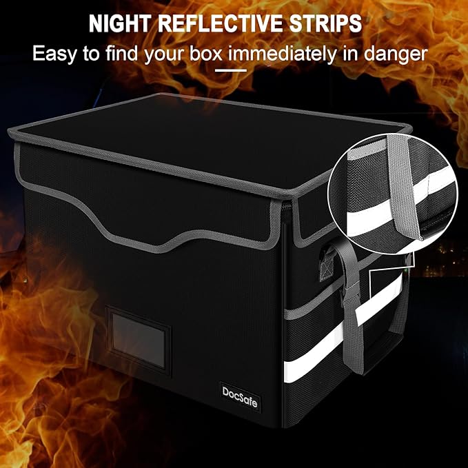 DocSafe Fireproof Document Box with Lock, File Storage Organizer with Mesh Pockets, Collapsible Portable File Box Home Office