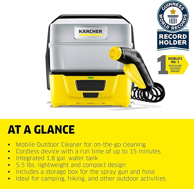 Kärcher OC 3 Plus Mobile Outdoor Cleaner, 1.8 gal. Water Tank, Spray Gun and Hose, Battery Operated, for on-The-go Cleaning, 72 PSI