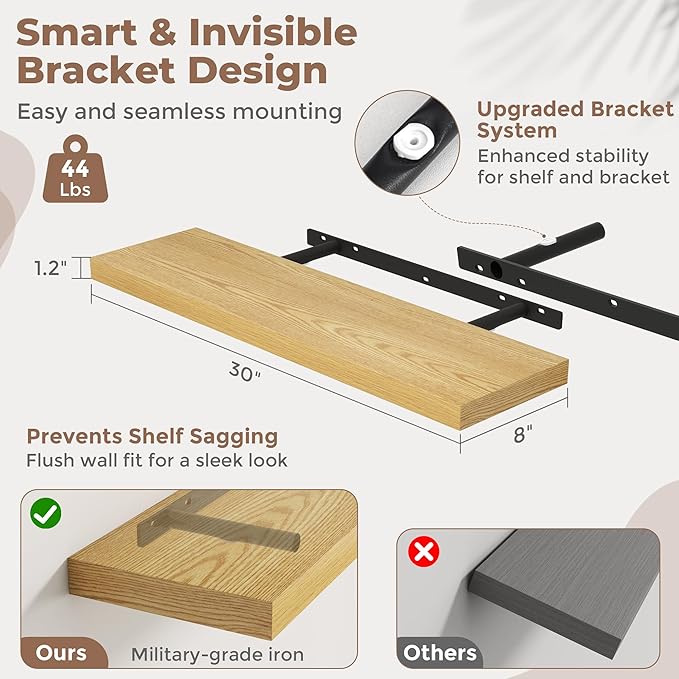 30 Inch Floating Shelves for Wall Set of 2, 8"D Wood Grain Bathroom Shelves with Invisible Brackets, Easy Install Engineered 