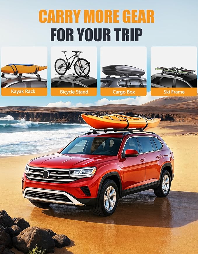 KINGGERI 330lbs All aluminum Roof Rack Cross Bars Compatible with Volkswagen VW Atlas 2017-2026 with Raised Side Rails (Not for Atlas Cross Sport), Lockable Roof Rails Crossbar Rooftop Luggage Carrier