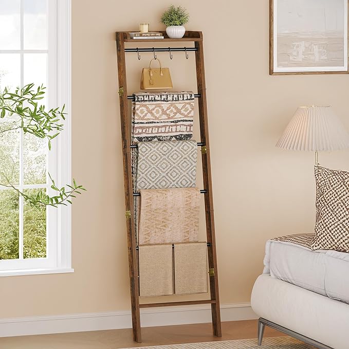 Hzuaneri Blanket Ladder Shelf, Decorative Quilt Rack, 7-Tier Farmhouse Ladder Holder Organizer with 4 Removable Hooks 7.9" D 