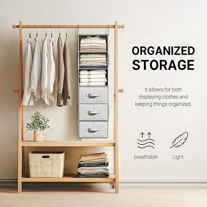 Vailando 6-Shelf Hanging Closet Organizer with 3 Drawers, Closet Hanging Shelves with Removable Fabric Drawers for Wardrobe, 