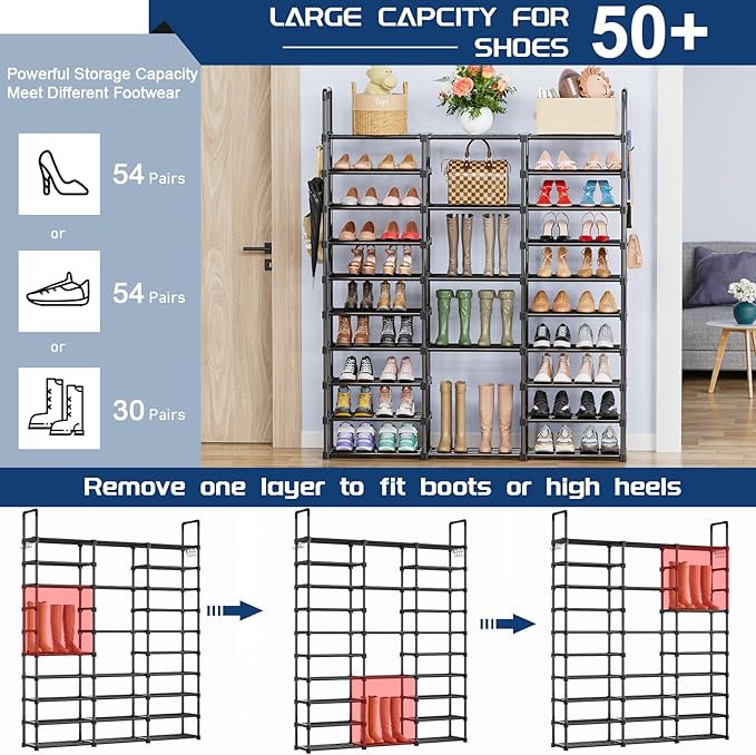 Mavivegue 10 Tiers Shoe Rack Tall Shoe Organizer Shoe Storage 55-65 Pairs Vertical Shoe Shelf Large Shoe Rack Organizer Stack