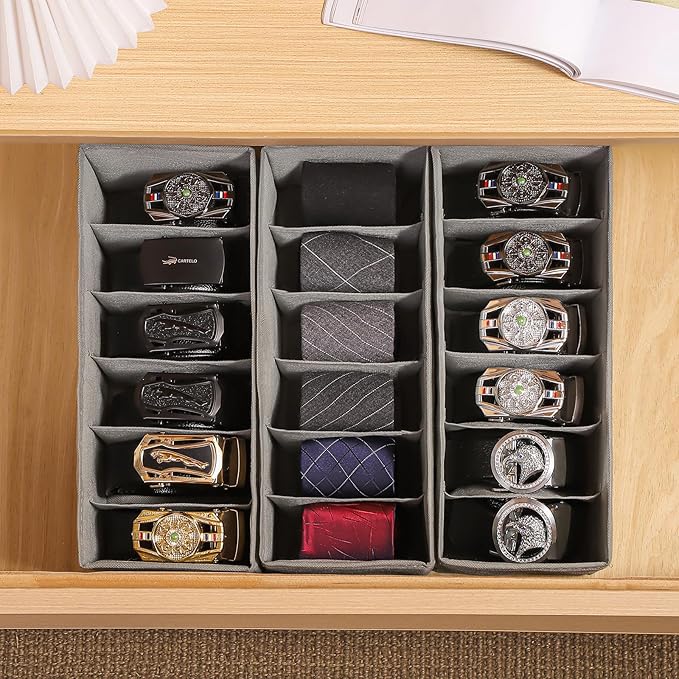 3 Packs Fabric Belt Organizer for Closet and Drawer, Foldable 6 Grids Dresser Drawer Organizers, Belt Tie Holder, Tie Box-Gre