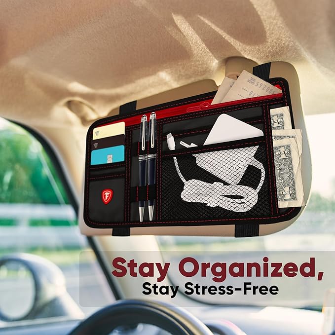 Firestone 2-Pack Car Sun Visor Organizer | 8 Compartment Car & Truck Visor Organizer with Holder & Slots for Sunglasses, License, Registration & More, Black Red