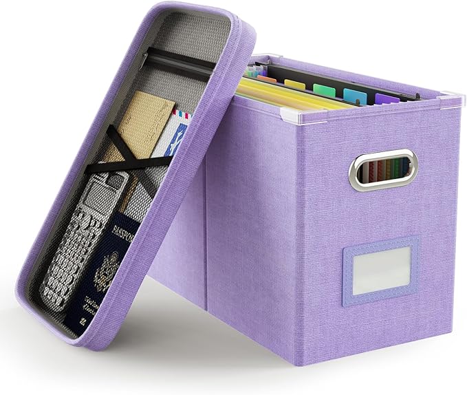 Oterri File Organizer Box with Lid, Hanging Filing File Box with Mesh Pocket, Document Organizer Box for Letter Files, Portab