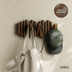 Umbra Picket Wall-Mounted Coat Rack Rail Hook with 5 Retractable Wood Pegs – Modern, Space-Saving Storage Organizer, Walnut