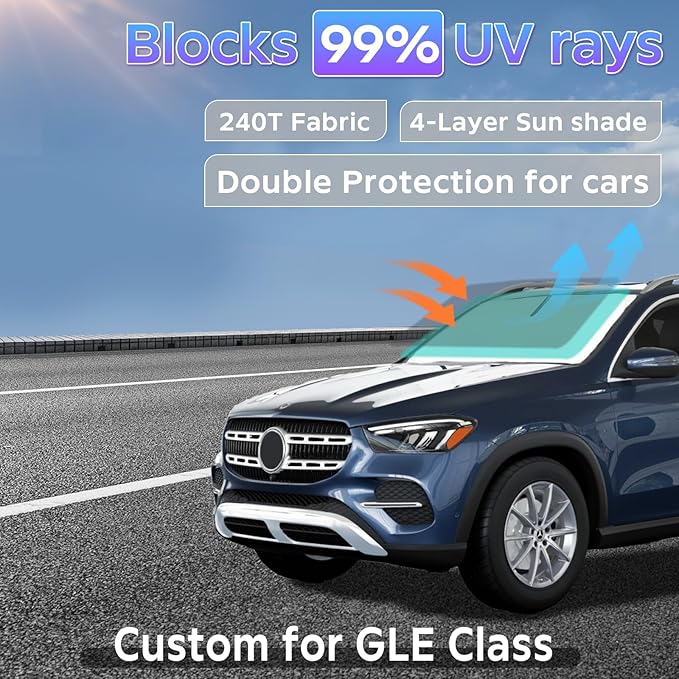 Sun Shade Sunshade for Mercedes Benz GLE Class 2020-2025 2026 Windshield Cover, 4-Layers Sun Shield for GLE 450 GLE350 250T Silver Coating Sun Visor Foldable Window Shade Car Accessories