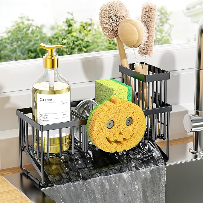 Cisily Kitchen Sink Caddy Organzier with High Brush Holder, Sponge Holder for Sink, 304 Rustproof Stainless, Kitchen Countert