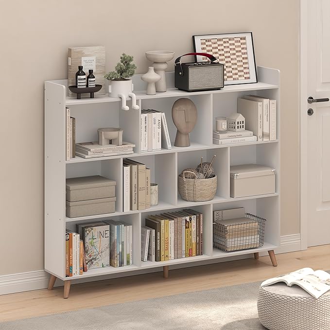 Furinno Claude Book Shelf, 10-Cube Mid Century Style Bookshelf, Bookcase, Storage Organizer with Wood Legs, 9.4" x 55.1" x 45