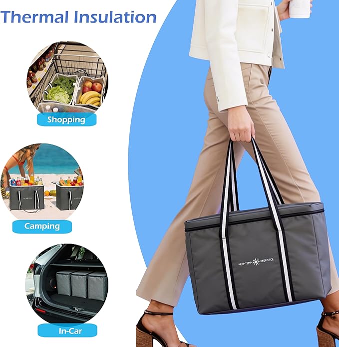 Insulated Reusable Grocery Bag - Zippered Cooler Tote Extra Large Thermal Shopping Bag for Groceries Frozen or Hot Food