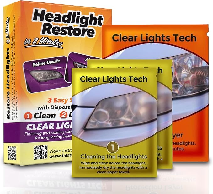 Headlight Restoration Kit - Headlight Cleaner 3-Wipe System, Restores Clarity, Removes Yellowing & Oxidation, Improves Nightt
