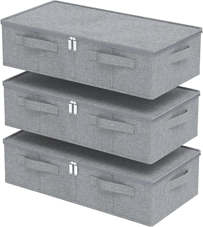 Underbed Storage Box, Foldable Under Bed Bins Container, Fabric Closet Organizer with Lid, for Clothes, Sheets, Blankets, 23.