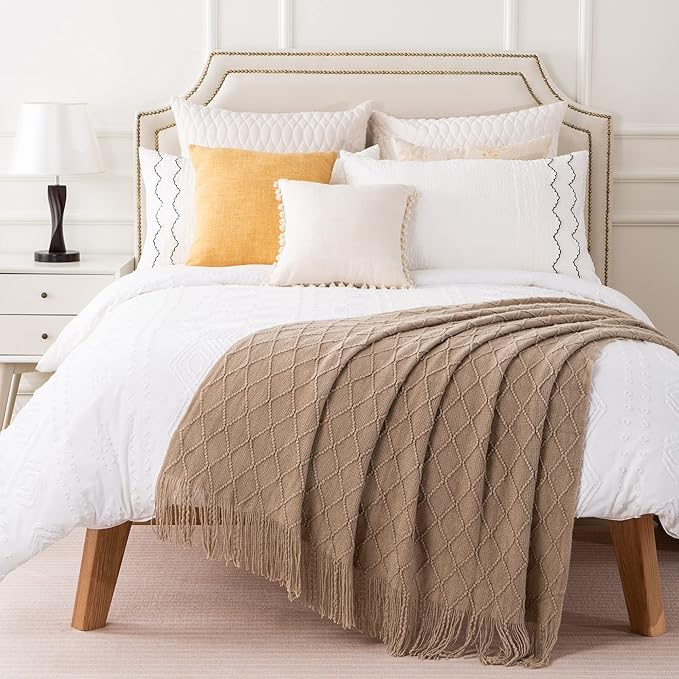 BATTILO HOME Khaki Throw Blanket for Couch, Boho Bed Tan Throws, Spring Decorative Taupe Throw for Sofa Foot of Bed, 50"x60"