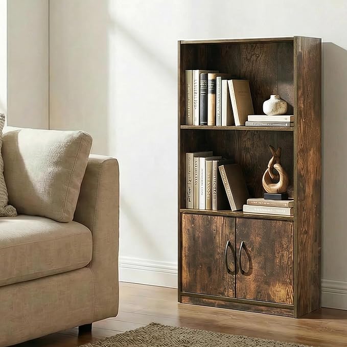 Furinno Gruen Book Shelf, 3-Tier Bookshelf, Bookcase with Open Shelf and Doors Storage Cabinet, 9.3 x 21.8 x 39.5, for Organi