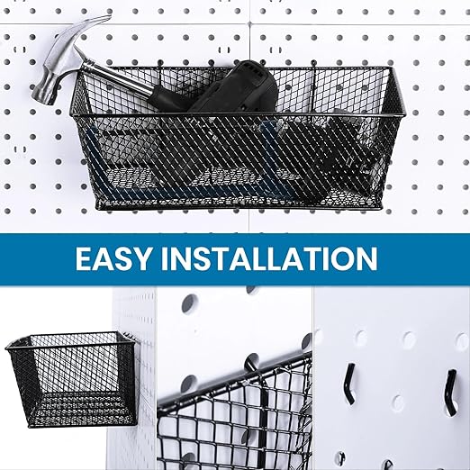 Sieral 4 Pcs Black Pegboard Baskets Metal Wire Shelf Baskets Peg Board Organizer Accessories Wall Mount Organizer Attachments