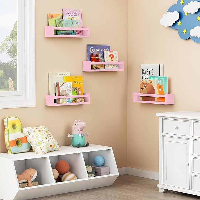 Forbena Pink Floating Shelves for Wall, Aesthetic Wall Bookshelf for Girls Room Decor, Wood Nursery Bookshelves for Toddler K