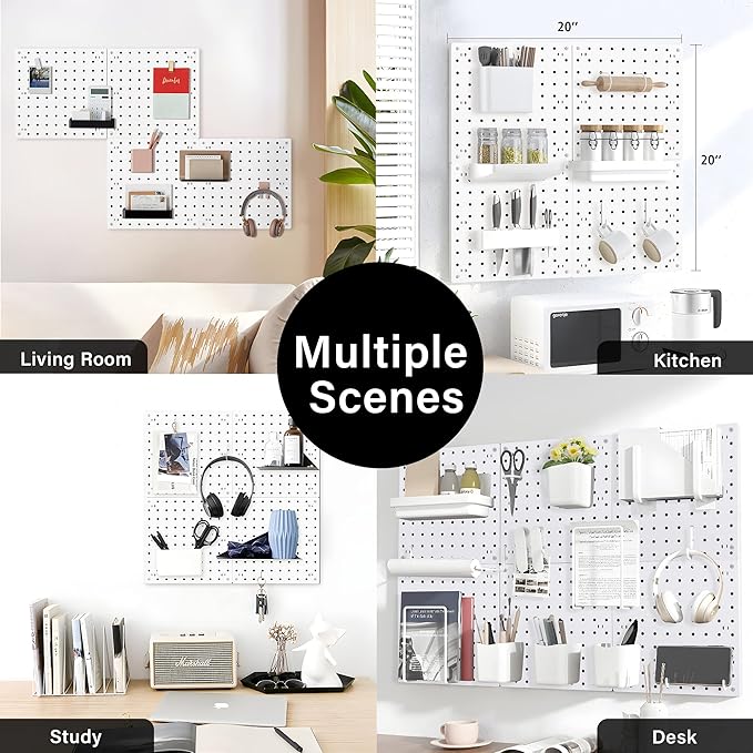 4Pcs Peg Board Panels, White ABS Pegboard Wall Mount, Easy Installation for Craft Room, Garage, Kitchen, Workshop
