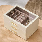 pickpiff Jewelry Box Organizer Case for Women: 3-Layer Jewelry Storage Case with Glass Window, Ivory Leather with Pink Velvet